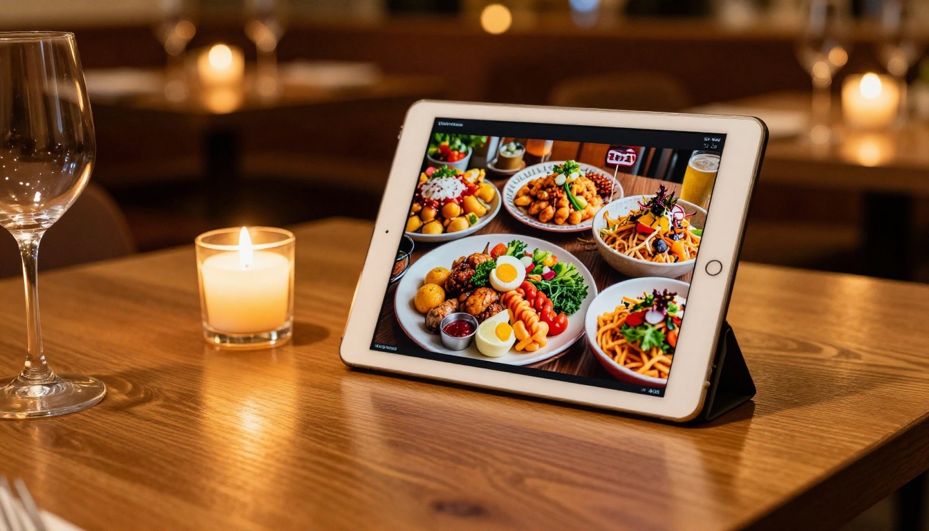 Cozy restaurant table with tablet showing digital menu