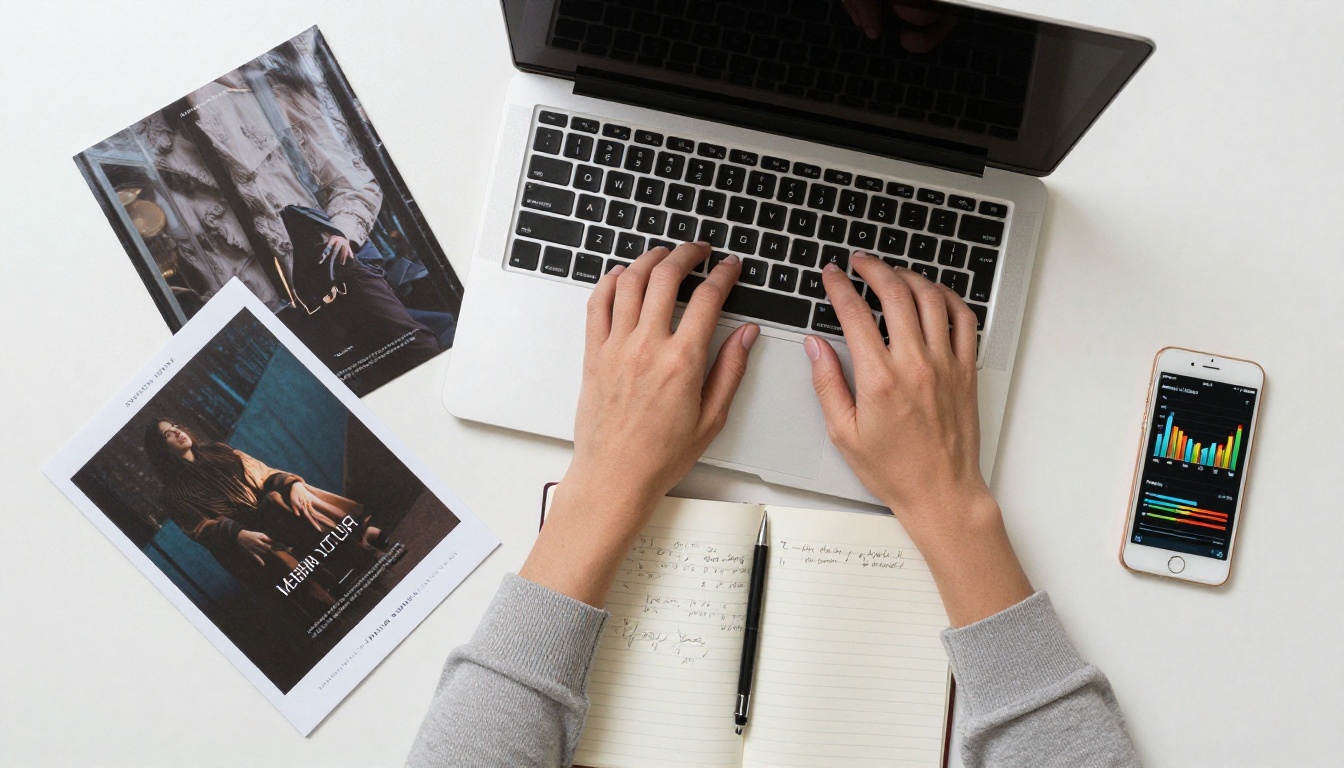 Aerial flat-lay of hands typing on a laptop surrounded by printed brochures, notebook, and smartphone with analytics Aerial flat-lay of hands typing on a laptop surrounded by printed brochures, notebook, and smartphone with analytics