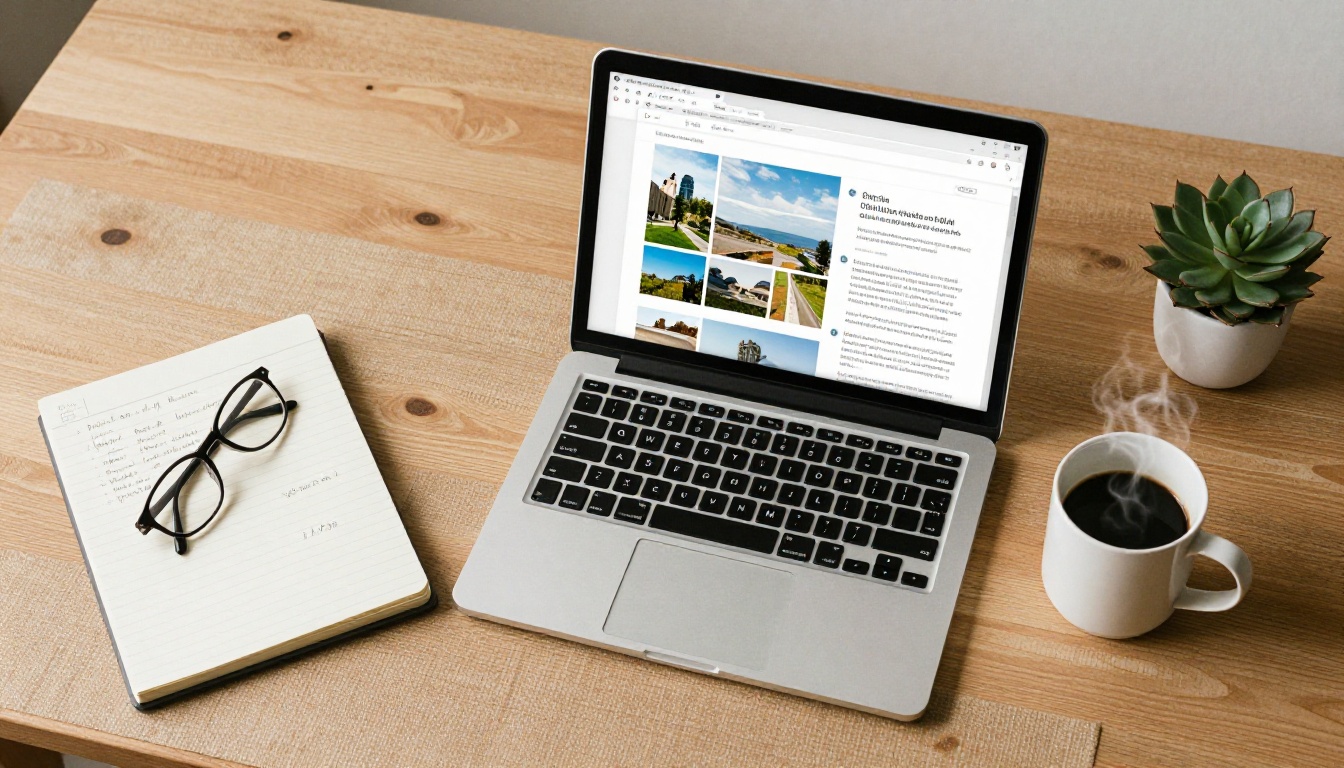 Aerial flat-lay of a desk workspace with an open laptop showing a PDF being converted into a digital flipbook Aerial flat-lay of a desk workspace with an open laptop showing a PDF being converted into a digital flipbook