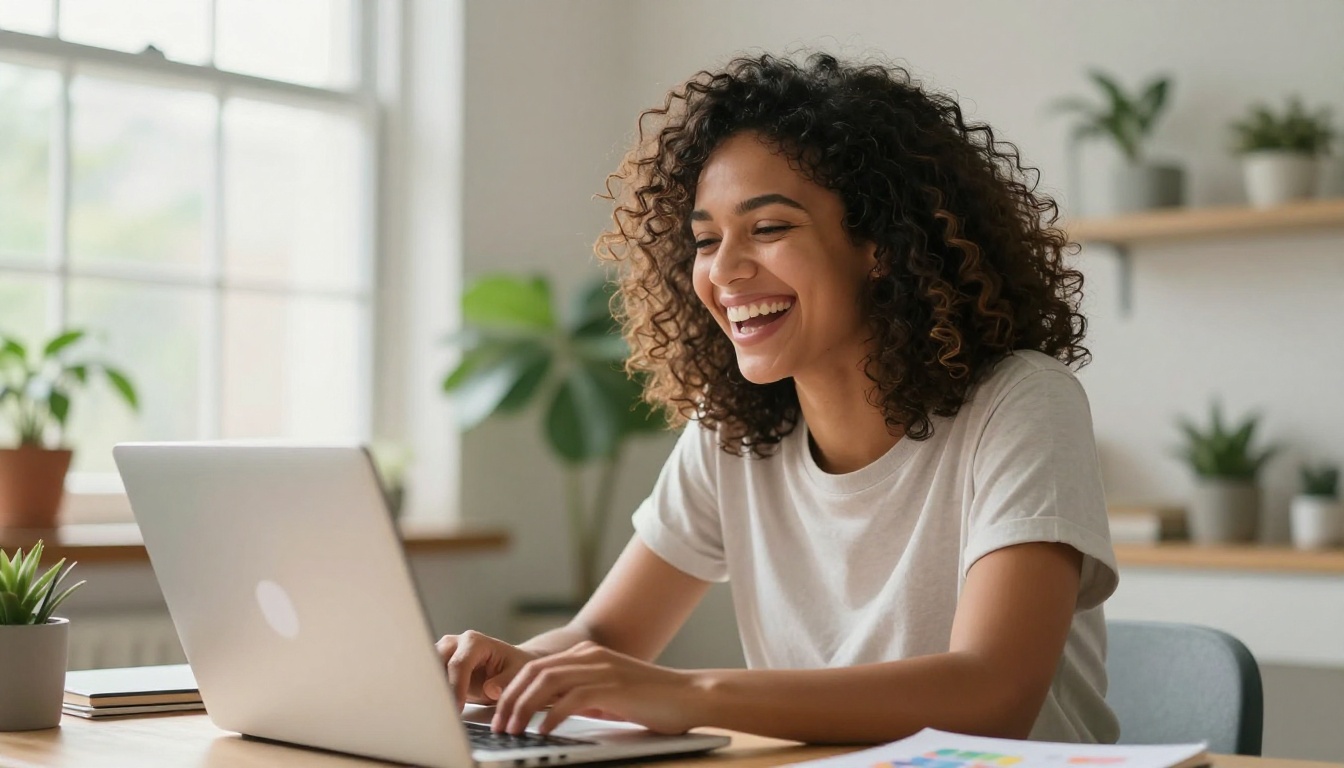 Creative woman celebrating at bright home desk with laptop