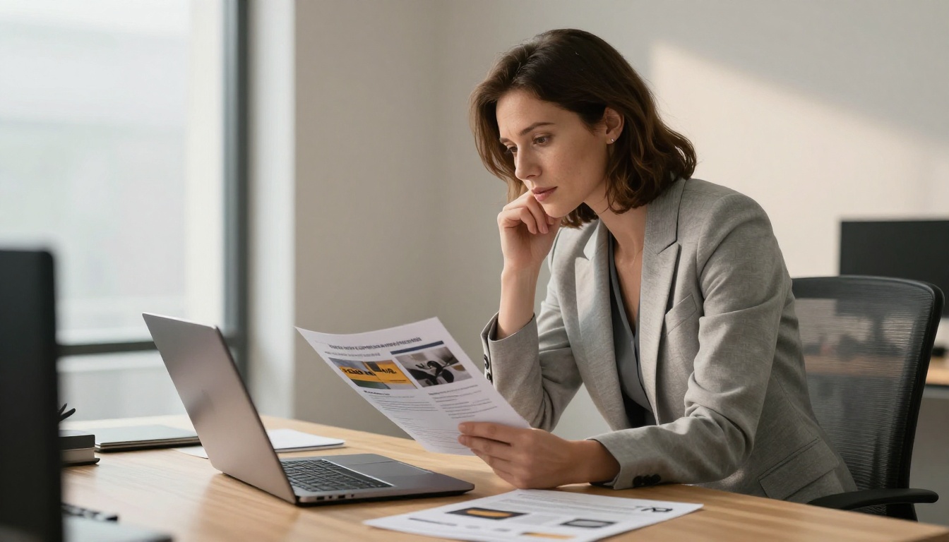 Professional woman comparing a printed brochure to the digital version on her laptop screen at an office desk Professional woman comparing a printed brochure to the digital version on her laptop screen at an office desk