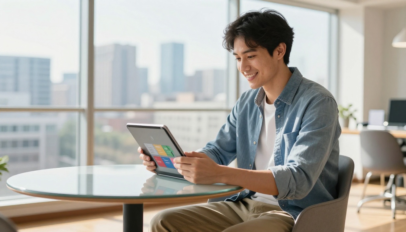 Young marketing professional holding a tablet with a vibrant digital catalog in a bright co-working space Young marketing professional holding a tablet with a vibrant digital catalog in a bright co-working space