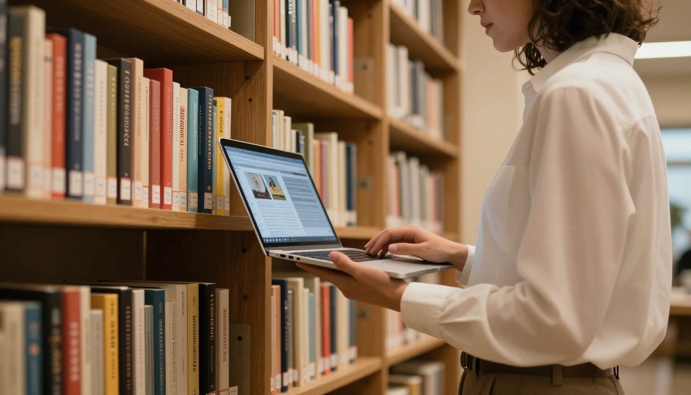 Low-angle view of a woman standing near a bookshelf holding a laptop with a digital flipbook on screen Low-angle view of a woman standing near a bookshelf holding a laptop with a digital flipbook on screen