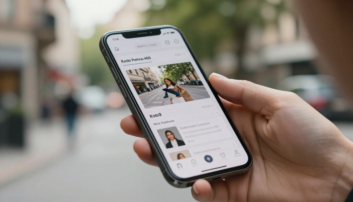 Close-up of a smartphone screen displaying a mobile-responsive digital catalog held against an urban backdrop Close-up of a smartphone screen displaying a mobile-responsive digital catalog held against an urban backdrop
