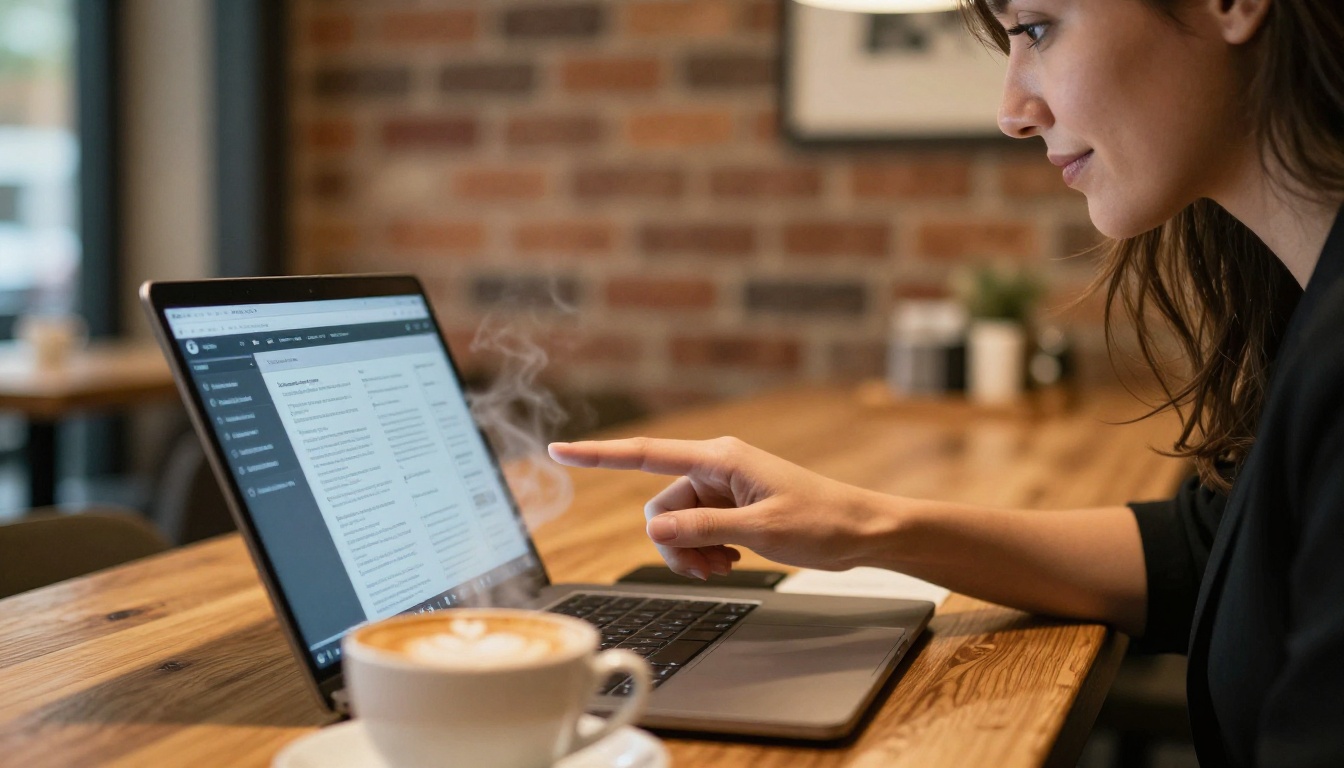 Side-profile of a professional woman reviewing a digital flipbook on a laptop at a café table Side-profile of a professional woman reviewing a digital flipbook on a laptop at a café table