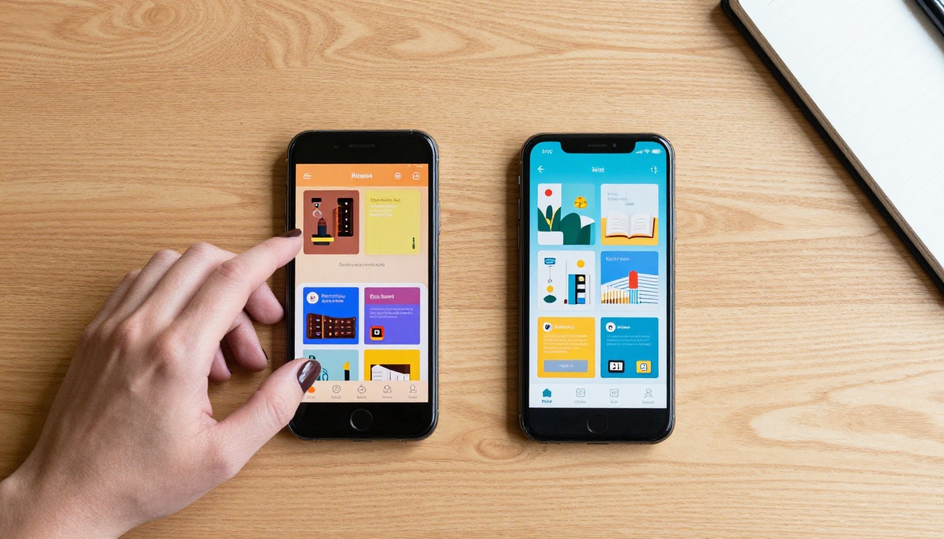 Aerial top-down view of two smartphones side by side on a wooden table, each displaying a different flipbook interface Aerial top-down view of two smartphones side by side on a wooden table, each displaying a different flipbook interface