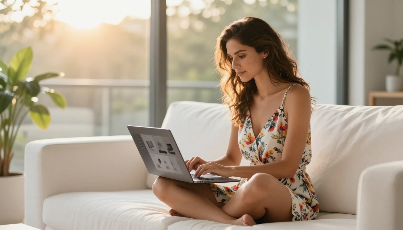 Woman entrepreneur seated on a white sofa with laptop showing a digital product catalog flipbook Woman entrepreneur seated on a white sofa with laptop showing a digital product catalog flipbook