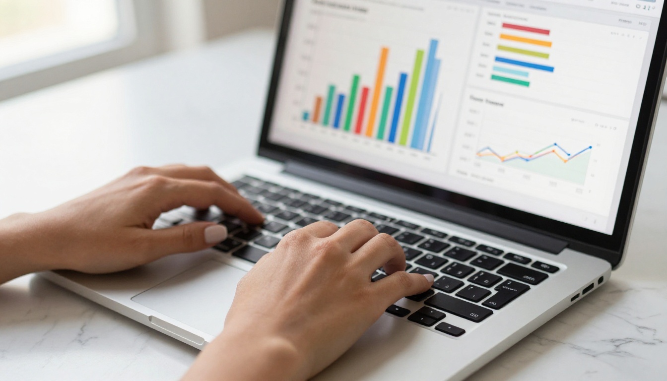 Marketing professional analyzing publication analytics on laptop screen, close-up of hands on keyboard