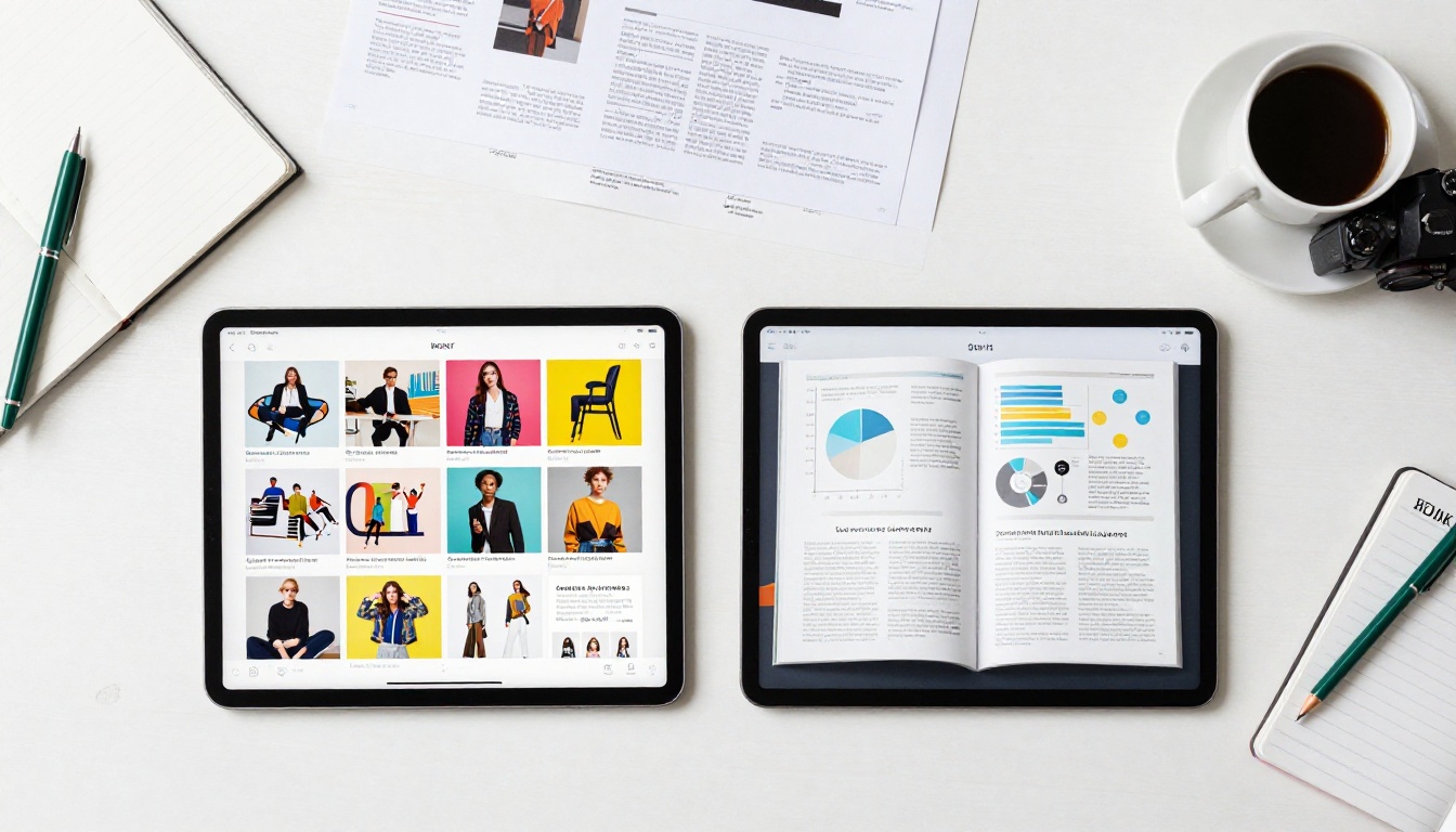 Two digital publication platforms displayed side by side on tablets, comparison setup on a clean office desk