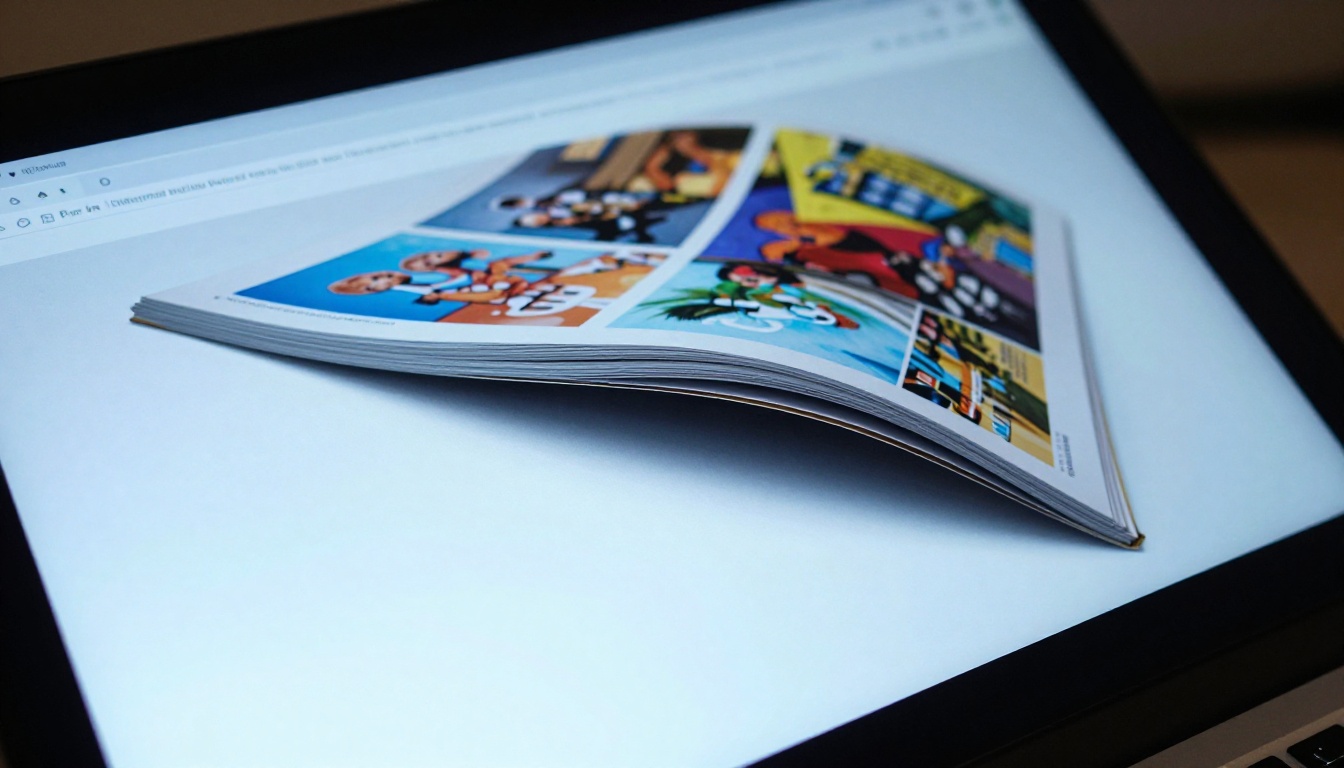 Close-up of a digital magazine page-turn effect on screen showing realistic paper curl animation