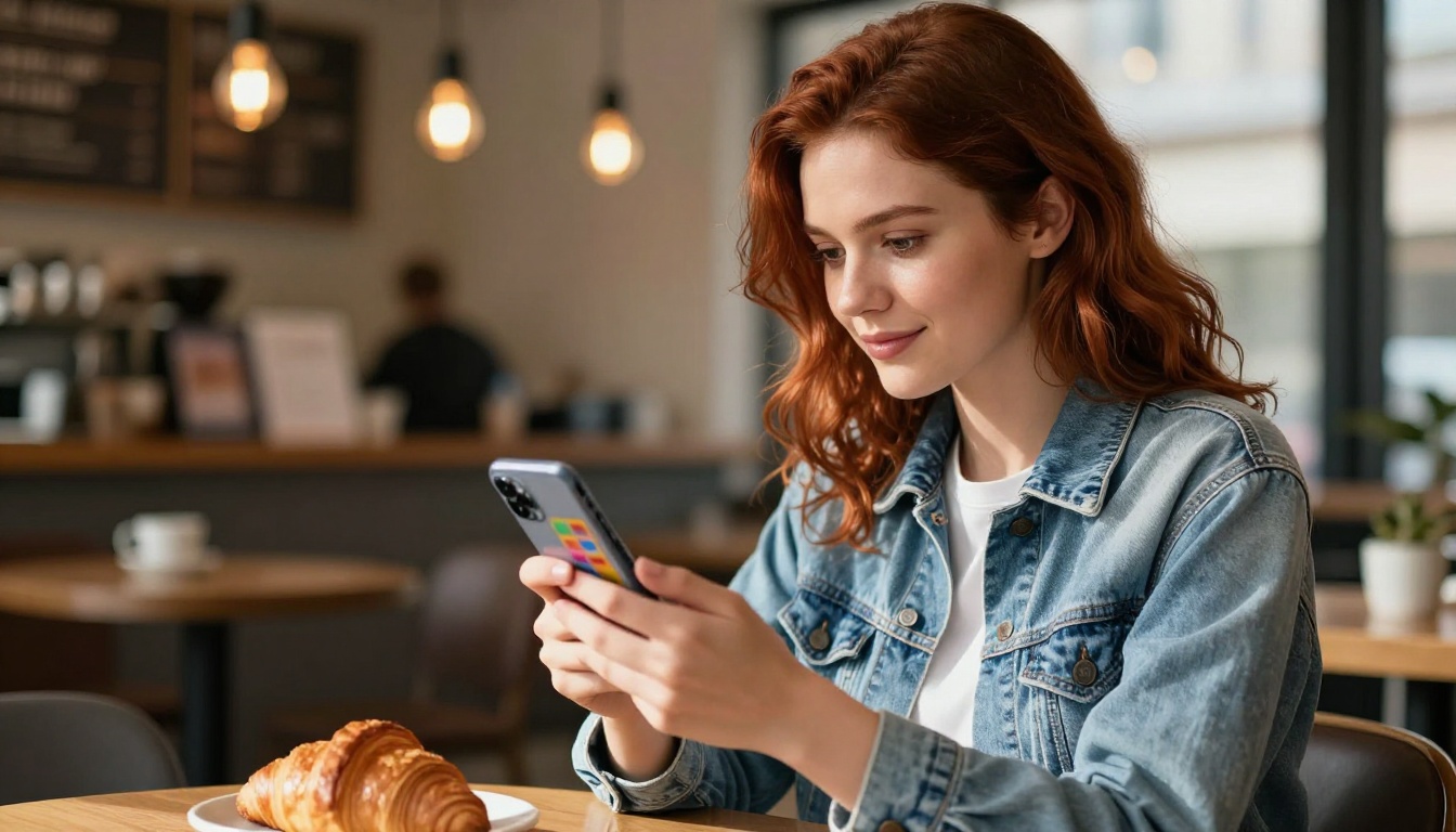 Young professional woman viewing digital catalog on smartphone in a modern coffee shop, natural window light