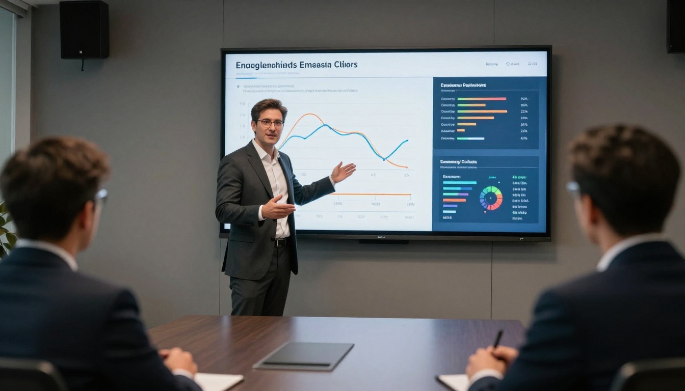 Business executive presenting publication analytics data to a team in a corporate conference room