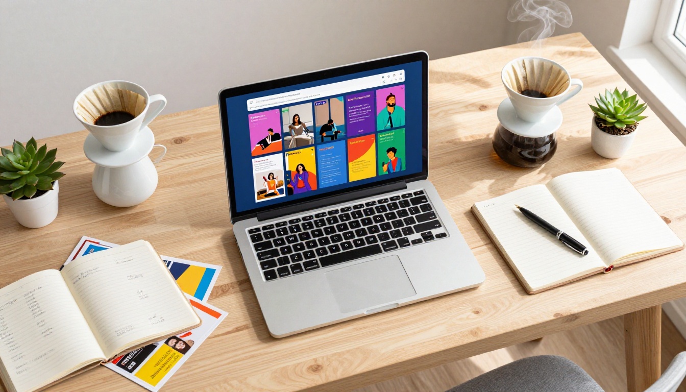 Aerial desk flat lay with laptop showing digital brochure interface, surrounded by coffee, notebook and plants