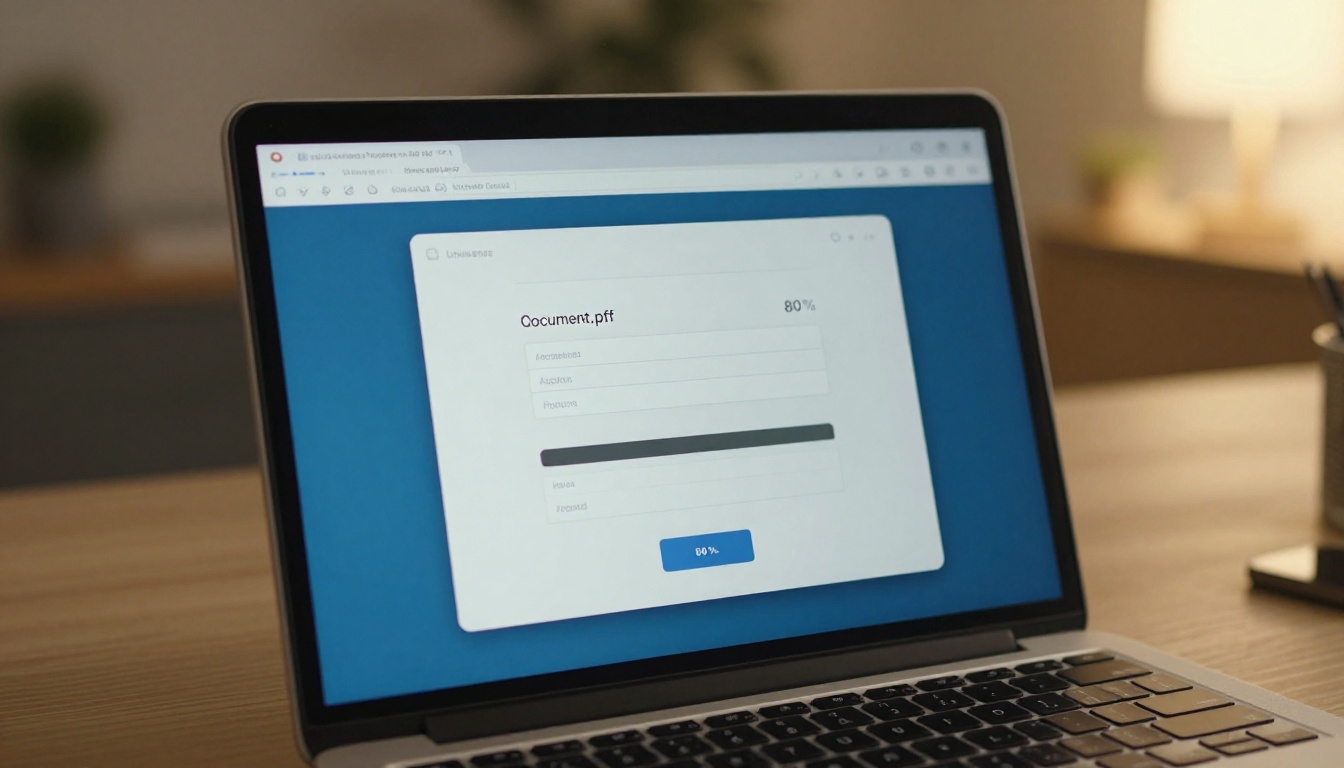 PDF upload interface on laptop screen, clean web application design, home office background