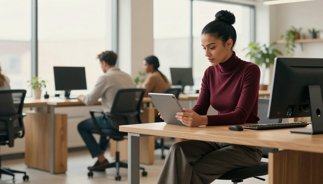 Woman sharing digital content from tablet with colleague in a bright modern co-working space, natural window light