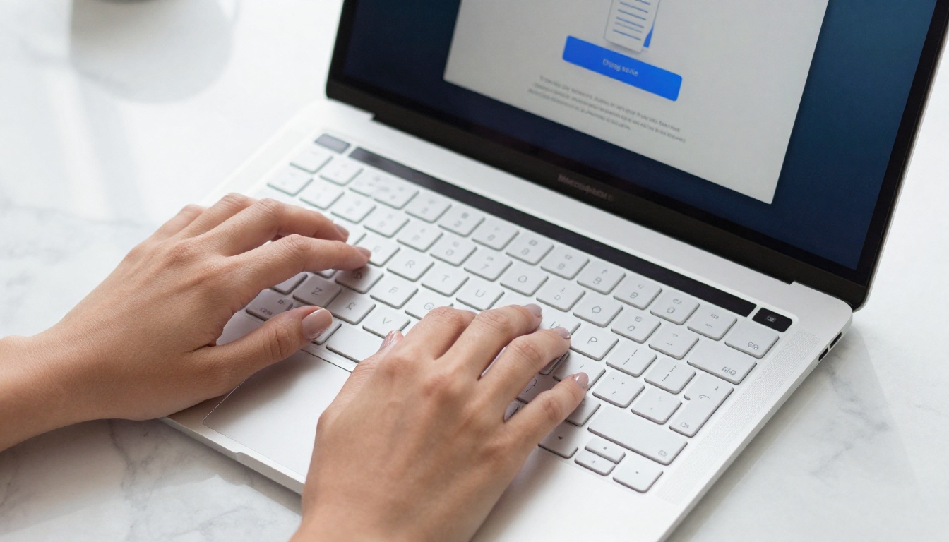 Overhead aerial shot of female hands uploading a PDF file via a browser drag-and-drop interface on a white MacBook, marble desk surface