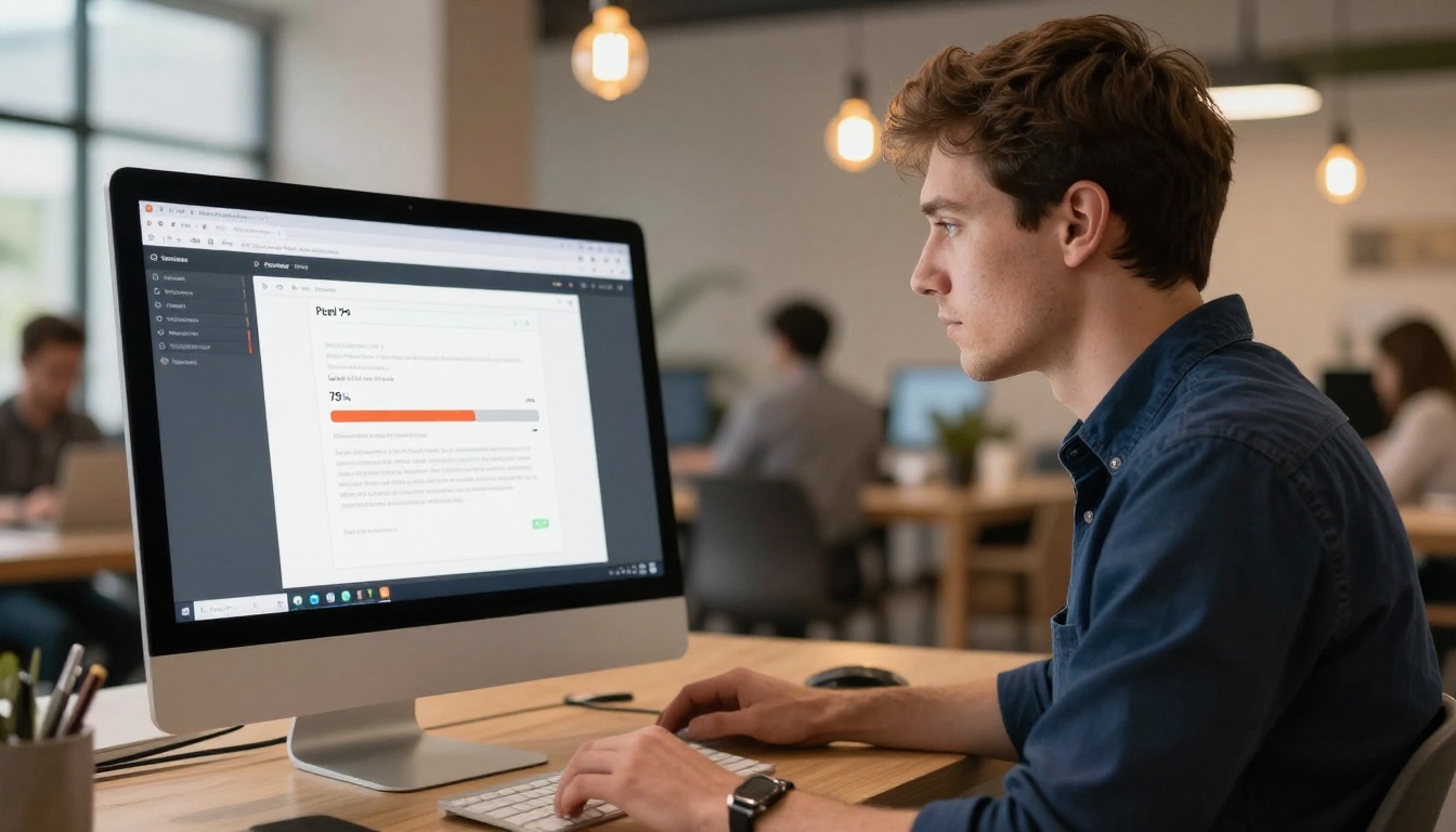 Young professional man watching a PDF-to-flipbook conversion progress bar at 78% on a large iMac screen in a warm co-working space