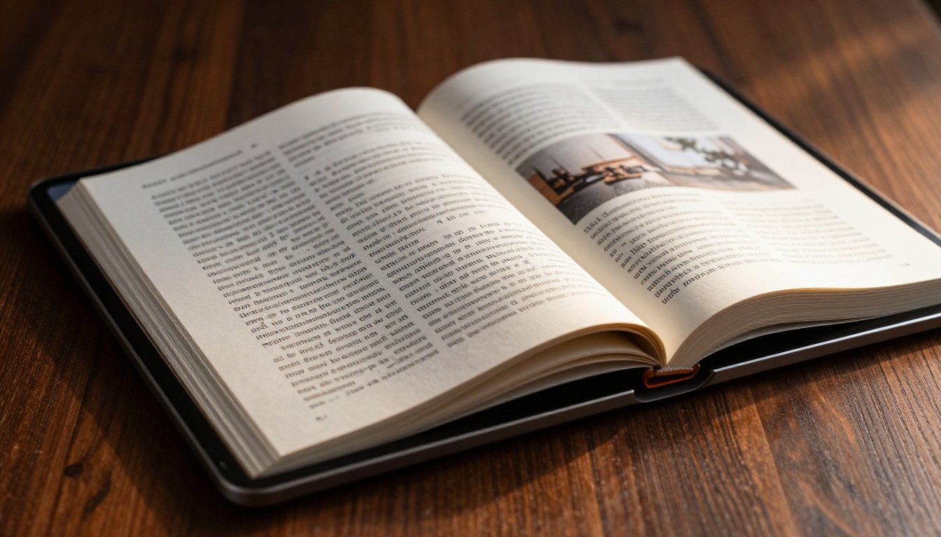 Close-up macro shot of a tablet screen displaying a digital flipbook with a single page dramatically mid-curl, realistic paper effect and shadow visible on dark walnut surface