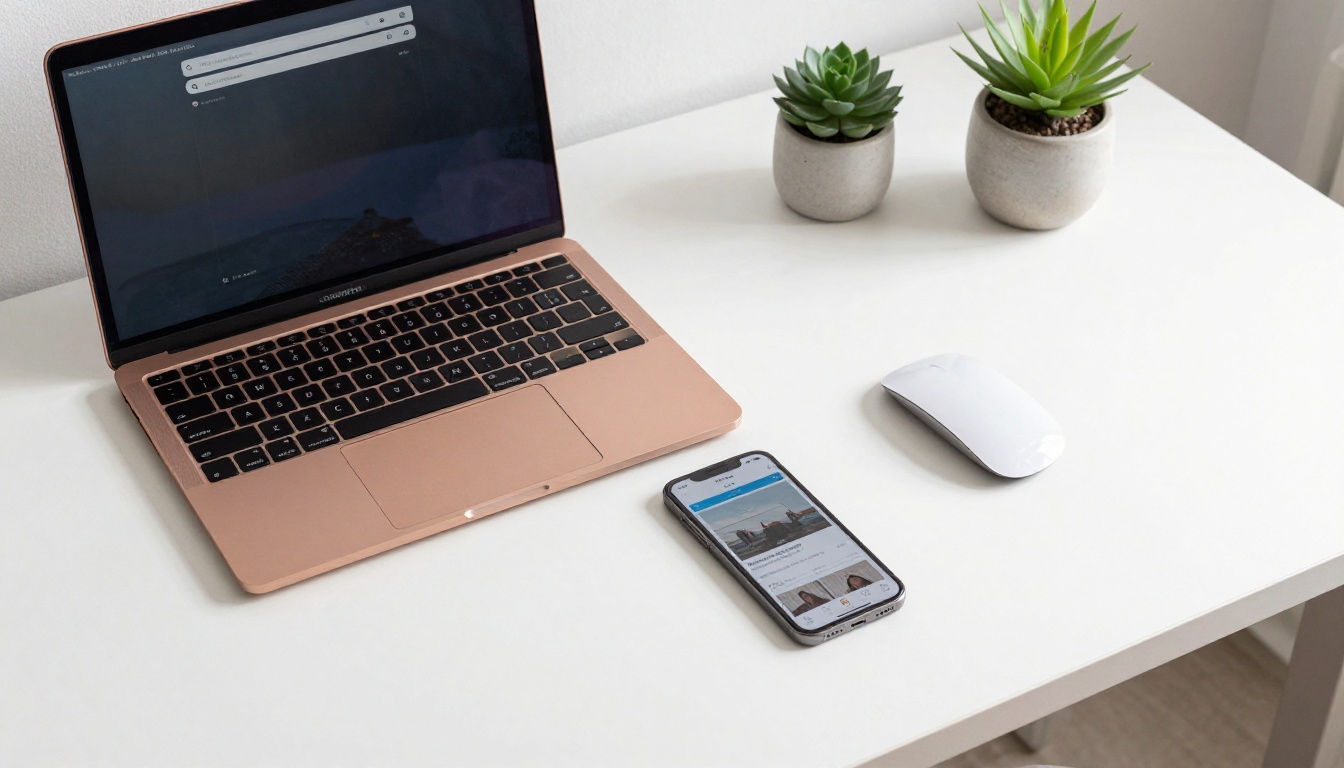 Clean minimal home office desk with a rose gold laptop and smartphone showing browser-based access, no physical media or cables visible