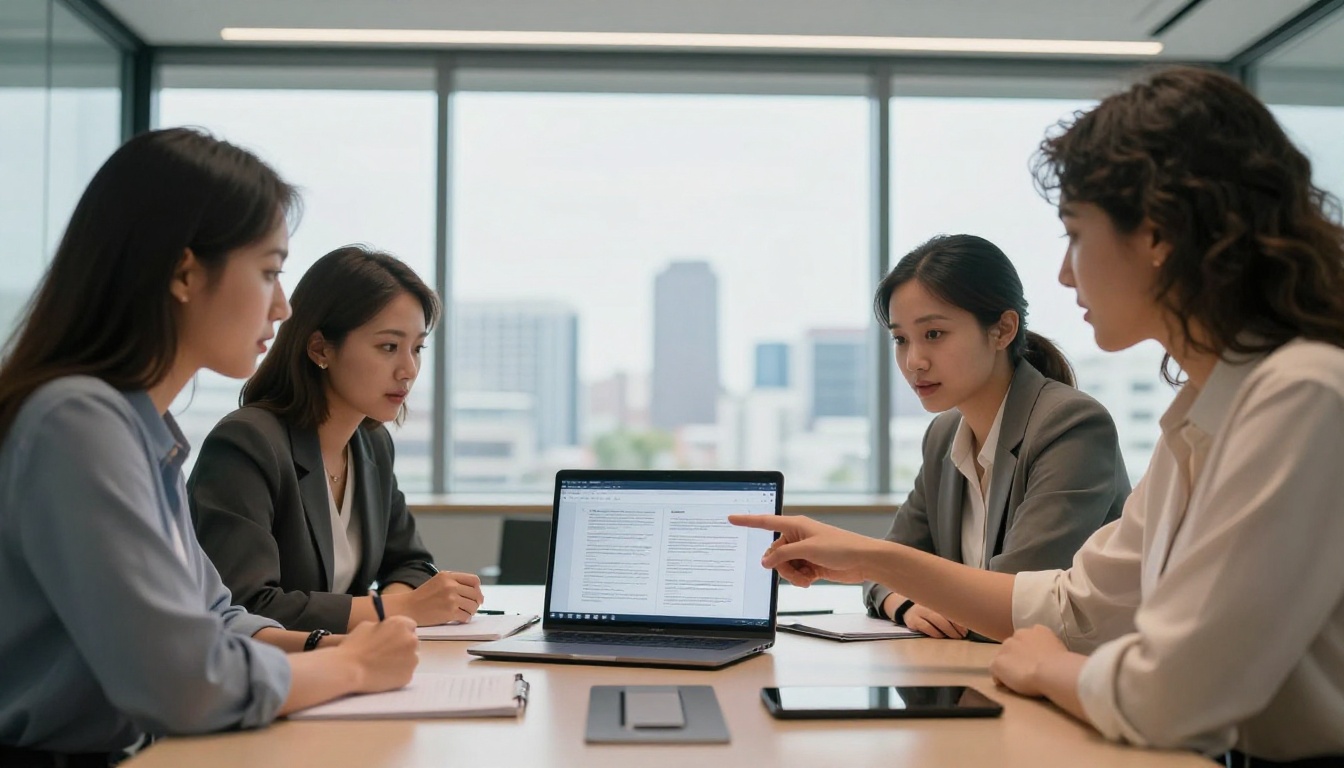 Three diverse professionals gathered around a conference table, one woman pointing enthusiastically at a laptop showing a digital flipbook, glass-walled conference room with city view