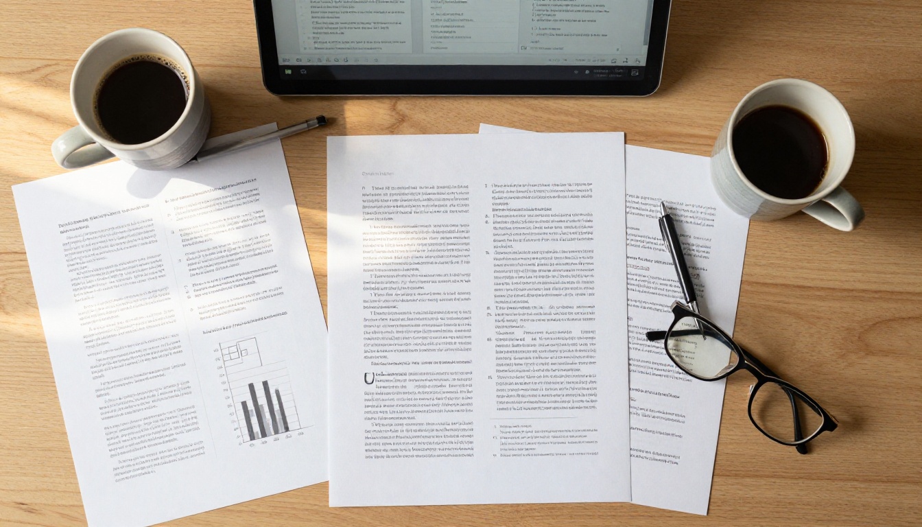 Aerial overhead flat-lay of printed PDF documents on a light oak desk alongside a slim laptop showing a flipbook browser interface, coffee cup and reading glasses nearby