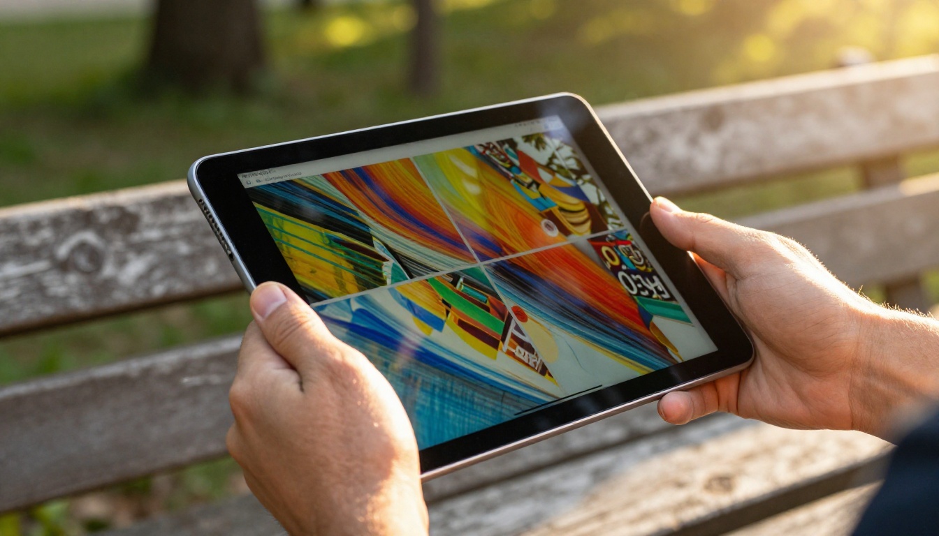 Man reading a vibrant full-bleed digital flipbook on an iPad Pro outdoors on a wooden park bench, warm golden afternoon light