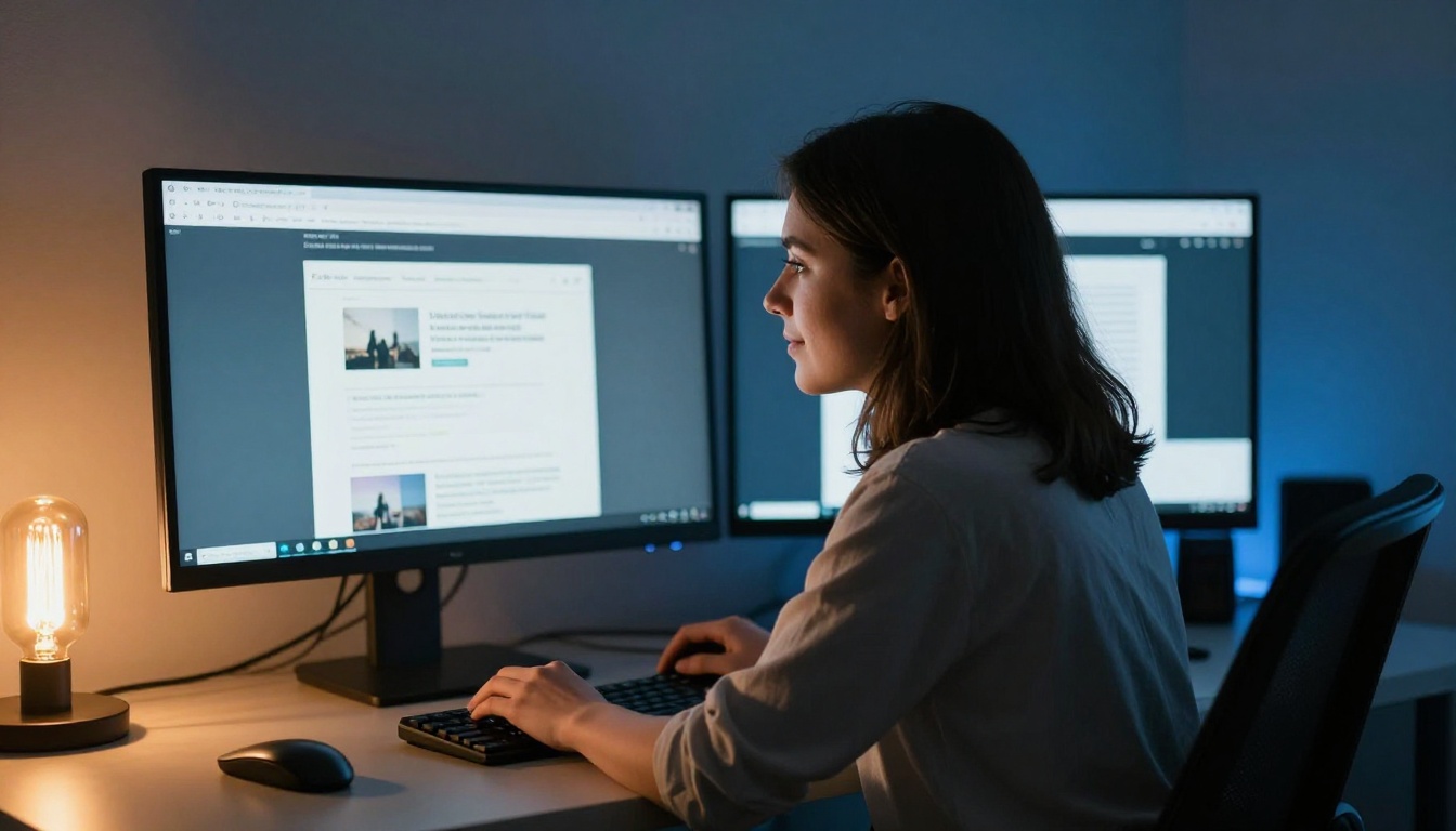 Focused young woman with dark hair working at a dual-monitor home studio setup, embed code visible on left screen, live flipbook preview showing on right screen