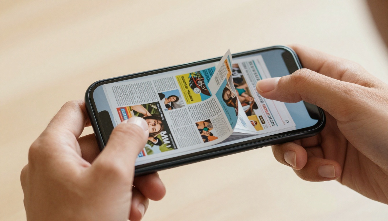 Hands holding a smartphone displaying a vivid digital flipbook with page-curl effect mid-swipe