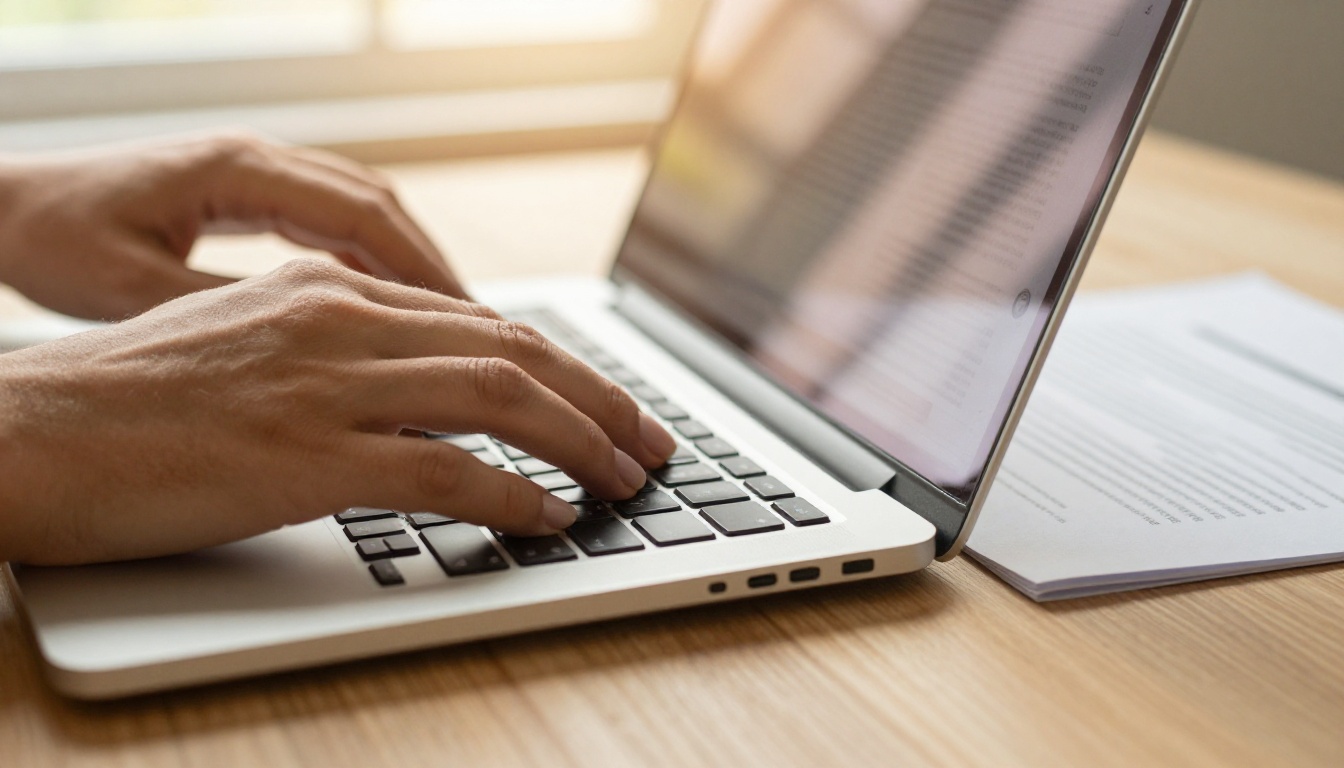 Hands uploading a PDF document to a laptop in a warm, well-lit modern office workspace
