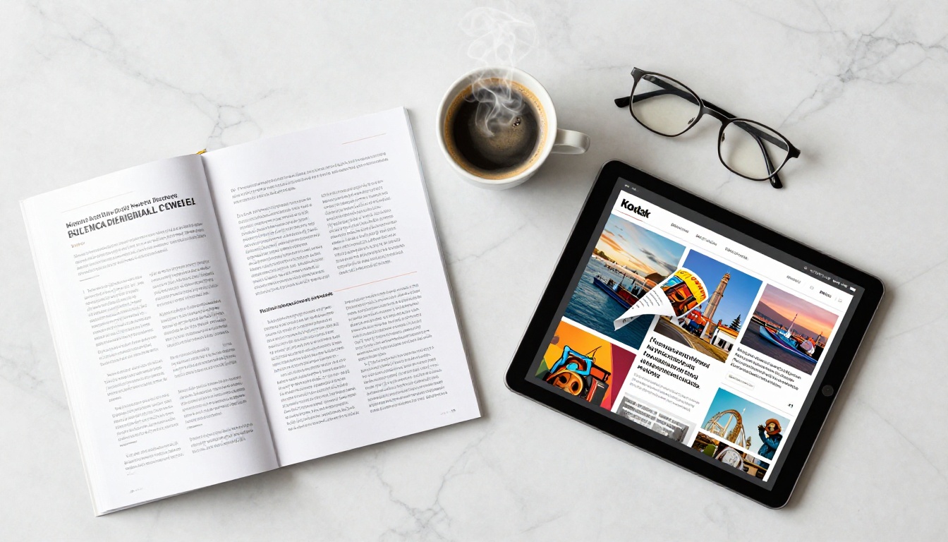 Aerial flat lay of printed PDF report next to tablet showing digital flipbook, white marble desk surface with espresso and reading glasses