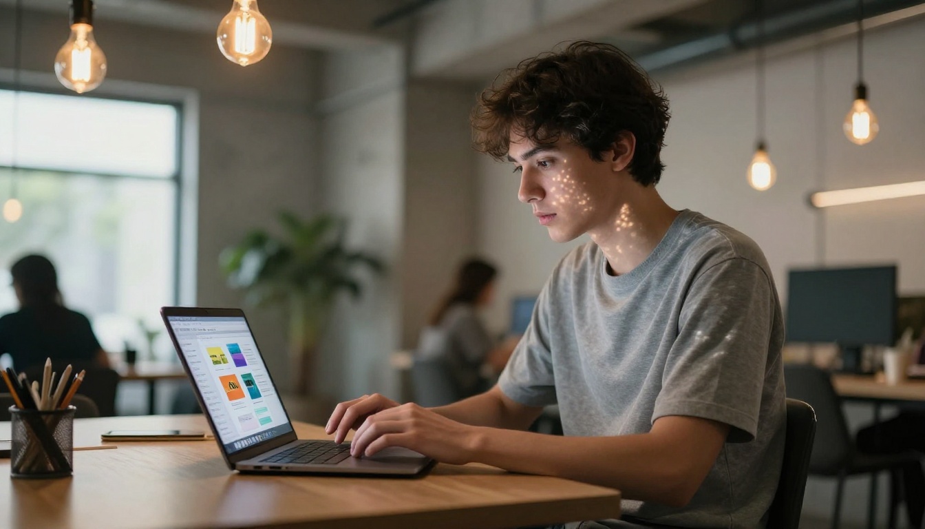 Young professional focused on laptop screen showing digital product catalog flipbook in a warm co-working space with Edison bulb lighting