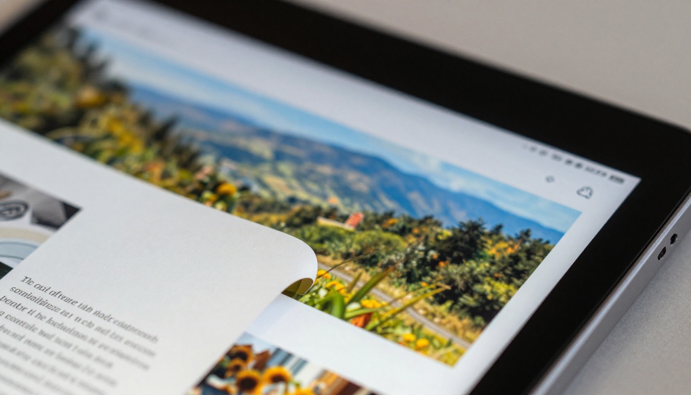 Macro close-up of tablet screen showing digital flipbook with realistic page-curl effect and crisp typography
