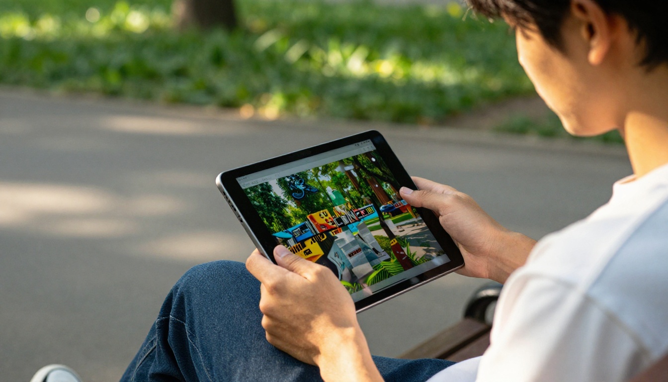 A young man sitting on a sunny park bench, holding a tablet in landscape mode, swiping through a vibrant digital flipbook with the page-flip animation caught mid-turn