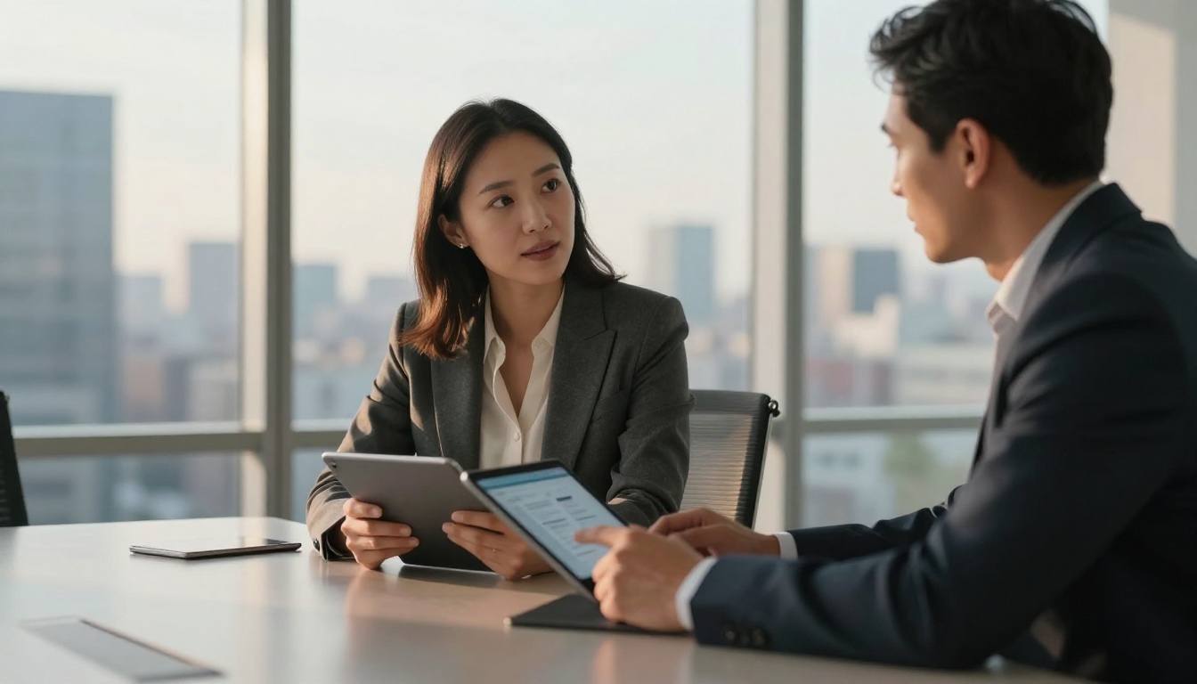 Businesswoman presenting interactive digital flipbook on tablet to colleague across a modern conference table with city view behind them