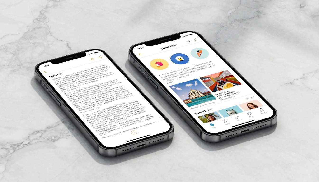Two smartphones side by side on white marble, left showing a flat dense PDF, right showing the same content as a beautiful colorful digital flipbook with large images and clean typography
