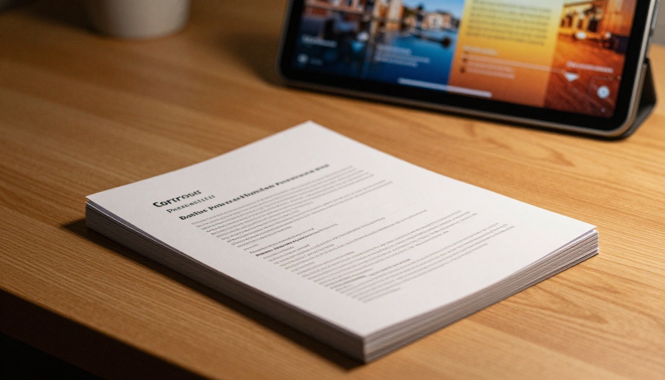 Paper brochure stack on wooden desk with glowing tablet showing the same content as a digital flipbook positioned behind it