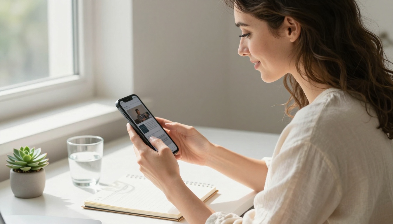 A professional woman in a cream blouse sitting at a white minimalist desk, reviewing a digital brochure in flipbook format on her smartphone with a satisfied expression, window light from the left