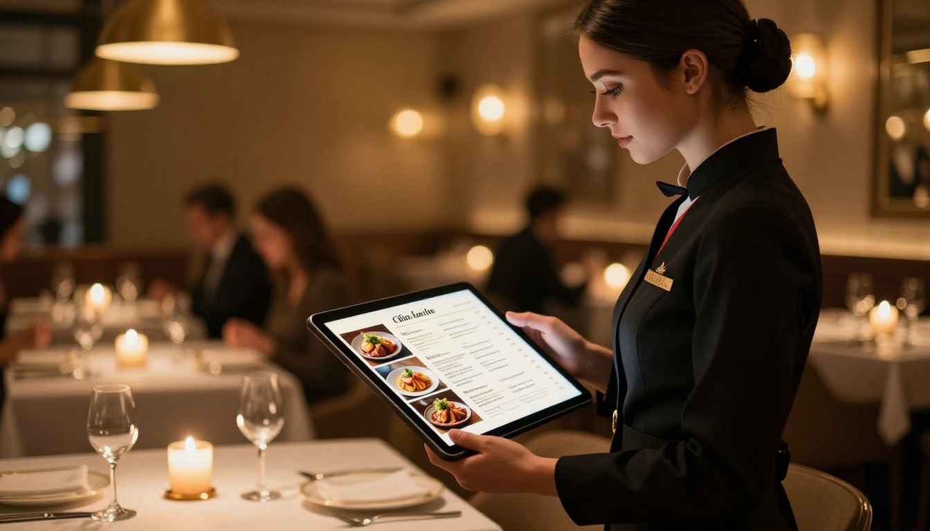 Restaurant hostess in elegant black uniform holding tablet with digital menu flipbook in warm candlelit dining room