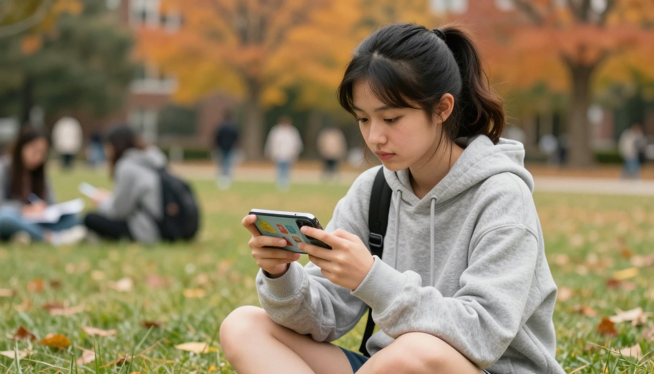A young female student in a hoodie sitting cross-legged on a campus lawn, reading an interactive educational flipbook on her smartphone, surrounded by autumn-colored trees