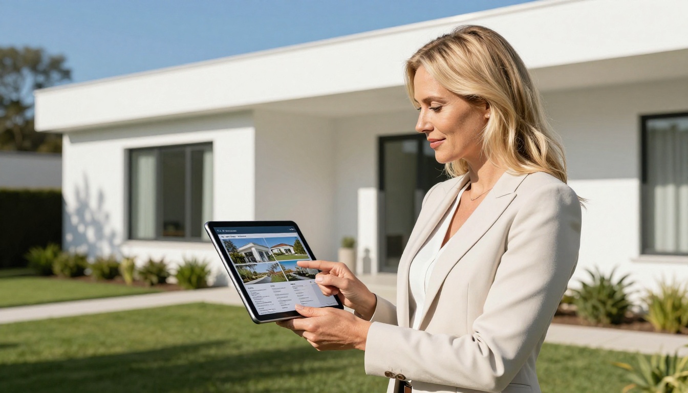 Real estate agent outdoors holding tablet with property brochure flipbook in front of a modern luxury home in bright natural sunlight