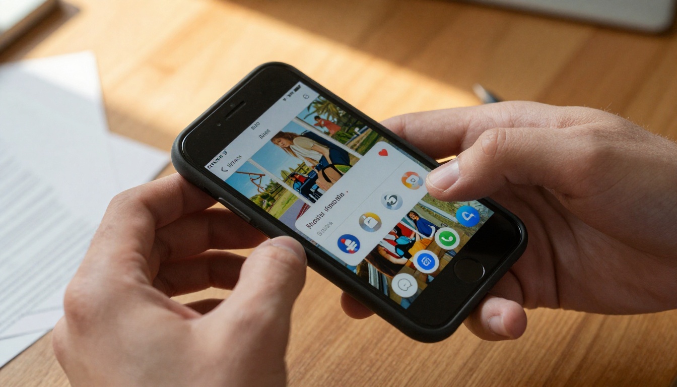 Overhead view of hands holding a smartphone showing a share dialog for a colorful flipbook, finger hovering over the share button, warm wooden desk surface below