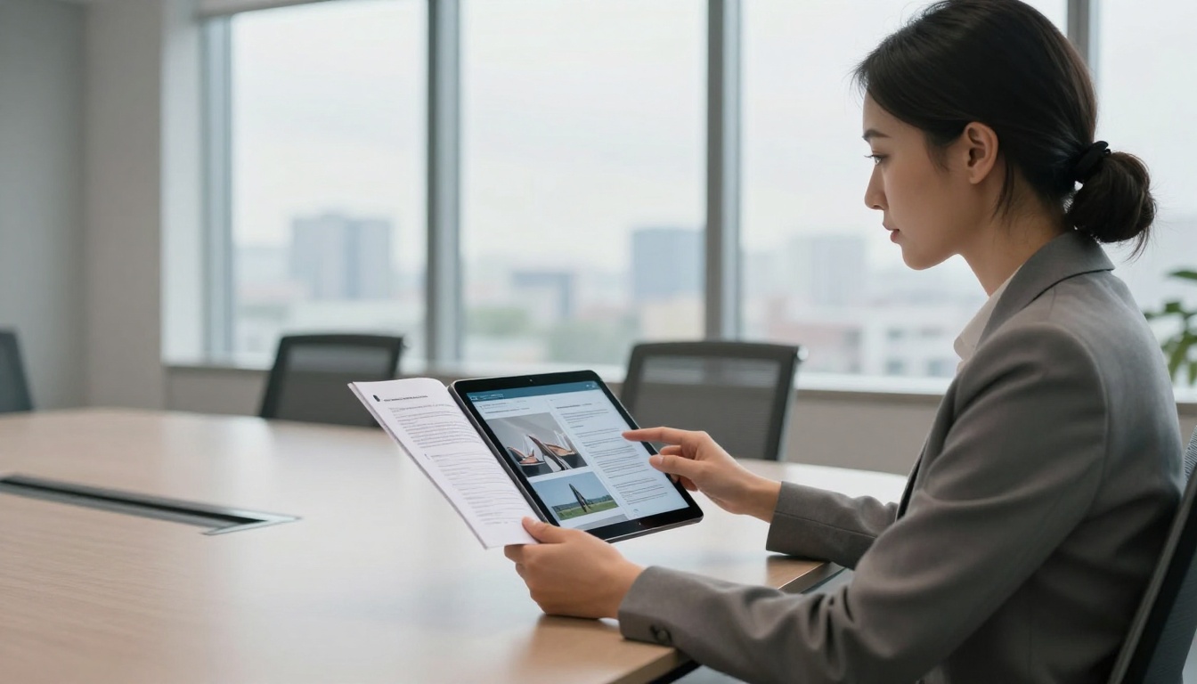 A professional woman in a conference room comparing a printed PDF with an interactive digital flipbook on her tablet