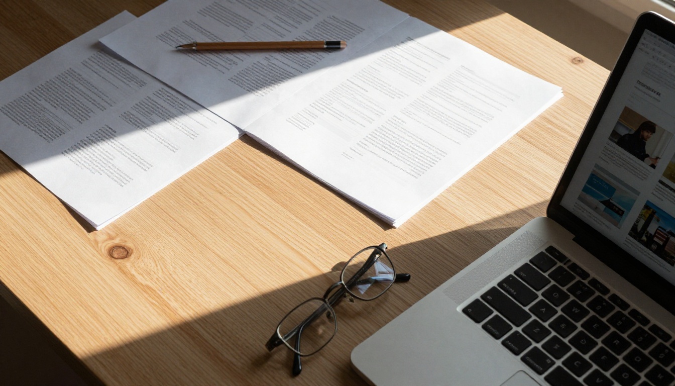 Aerial view of a desk covered in printed PDF pages alongside a laptop showing a digital flipbook