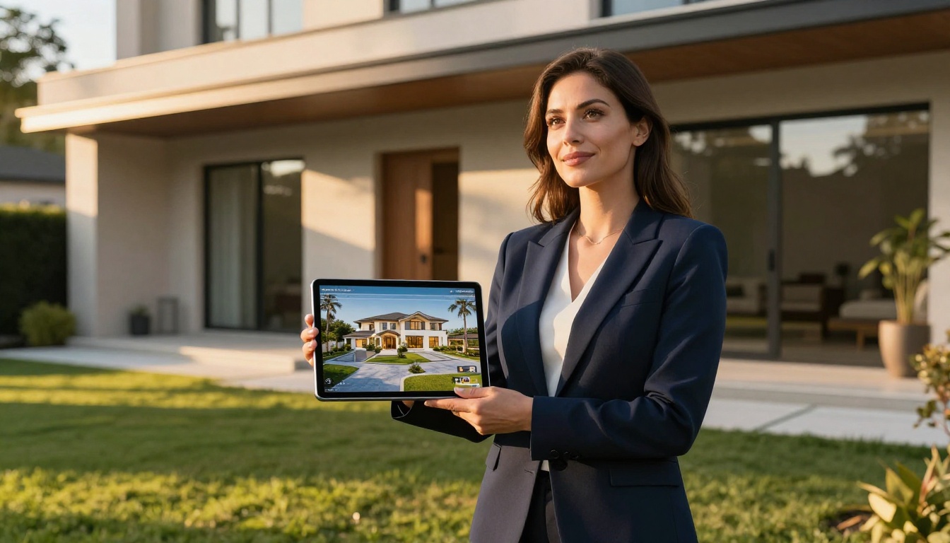 A real estate agent holding a tablet with an interactive property brochure flipbook in front of a modern home