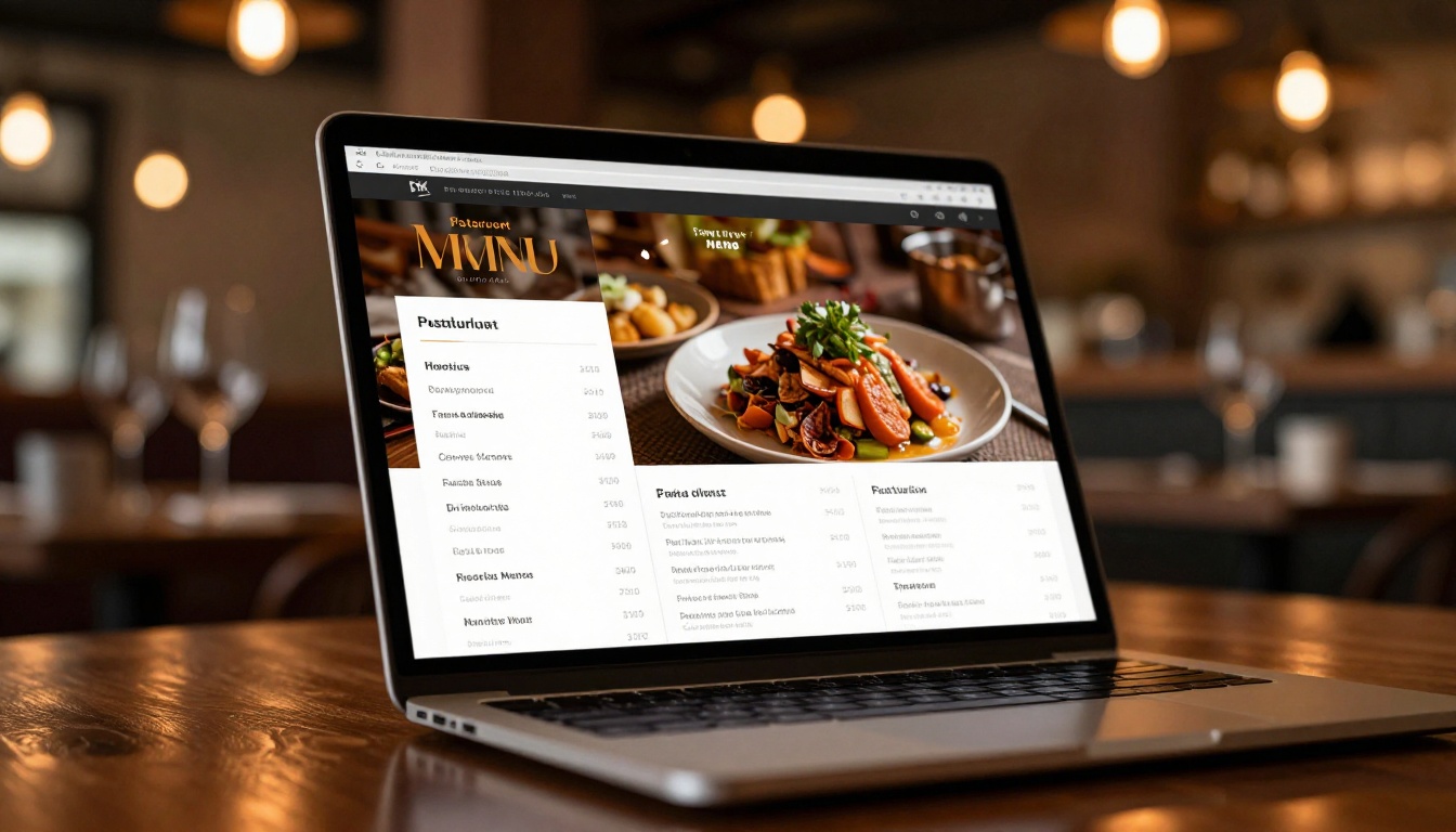Close-up of a laptop screen showing an interactive restaurant menu flipbook in a warm restaurant setting