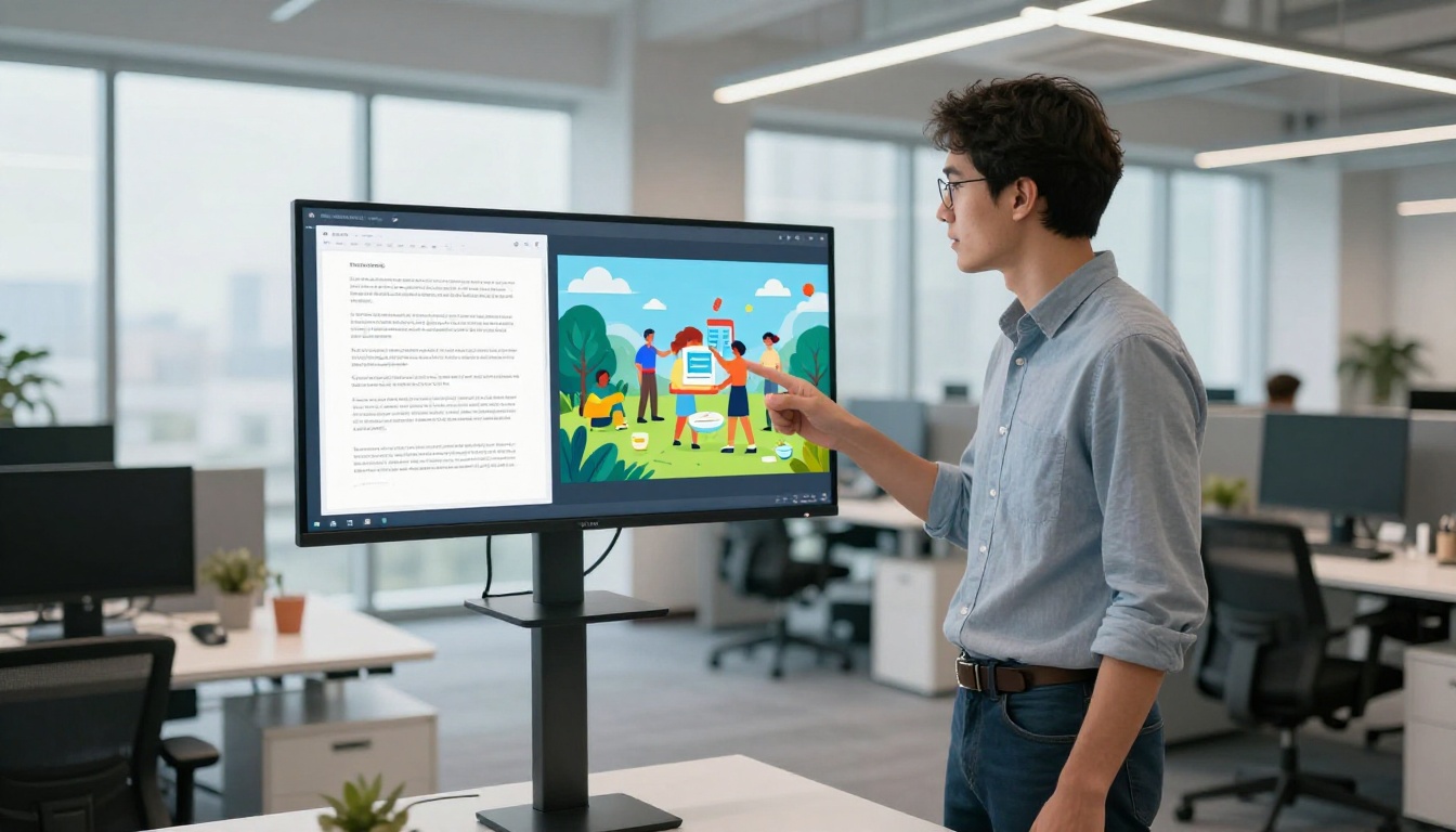 A marketing professional at a standing desk comparing a static PDF with an interactive flipbook on a split screen monitor