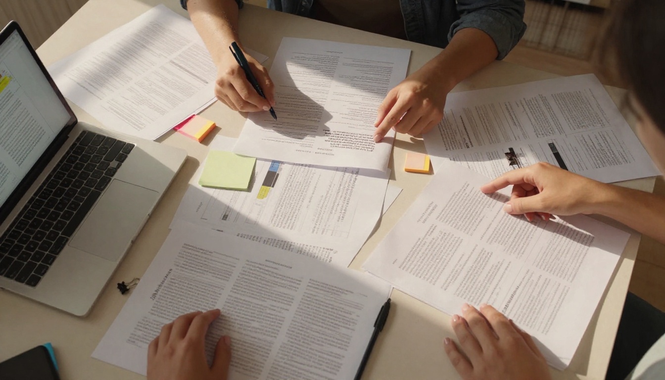 Aerial view of a creative workspace with PDF pages spread out and a laptop showing an interactive digital flipbook