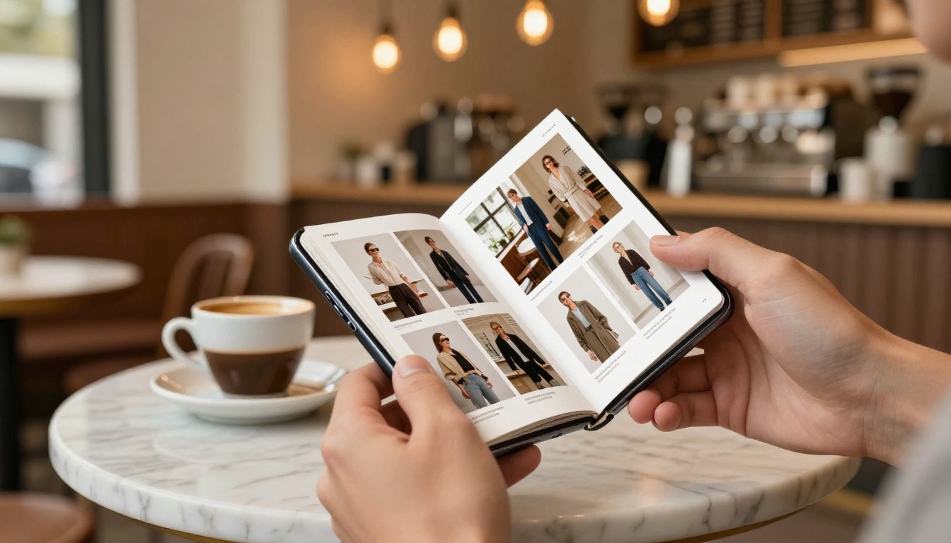 A smartphone displaying a mobile-optimized interactive flipbook in a warm coffee shop setting