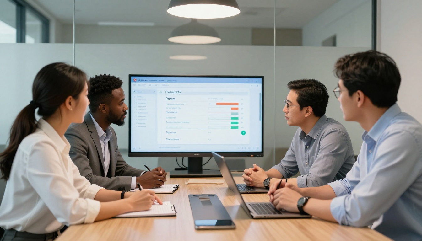 A diverse business team gathered around a conference table reviewing a comparison chart on a large monitor