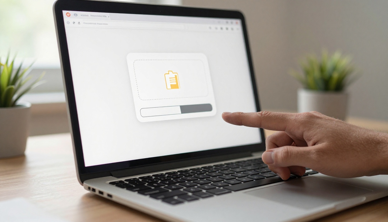 Hands dragging and dropping a PDF file into an upload interface on a laptop screen